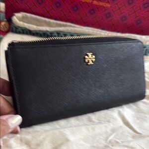 Tory Burch Black Wallet with Gold Emblem